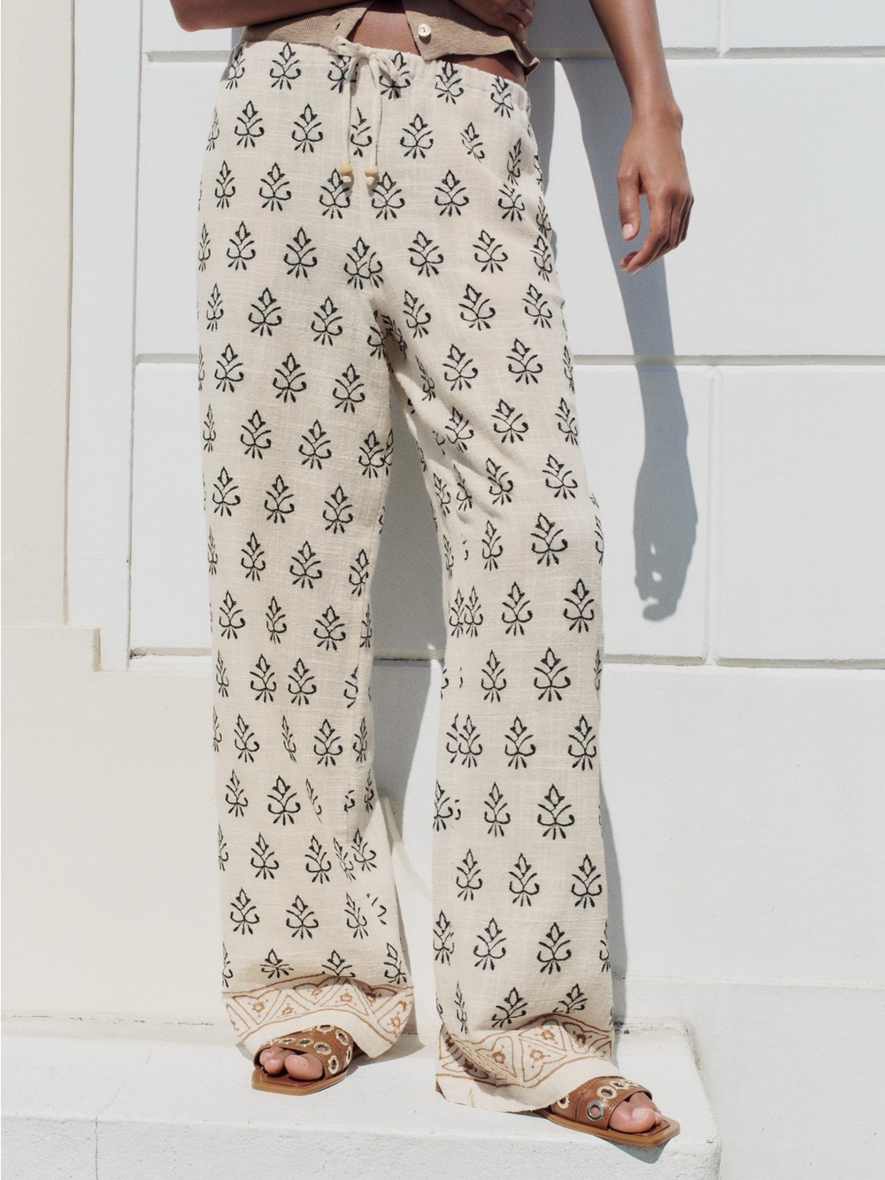 Zara Boho Chic Embroidered Rustic Pants Ecru Black Drawstring Wide Leg M 28